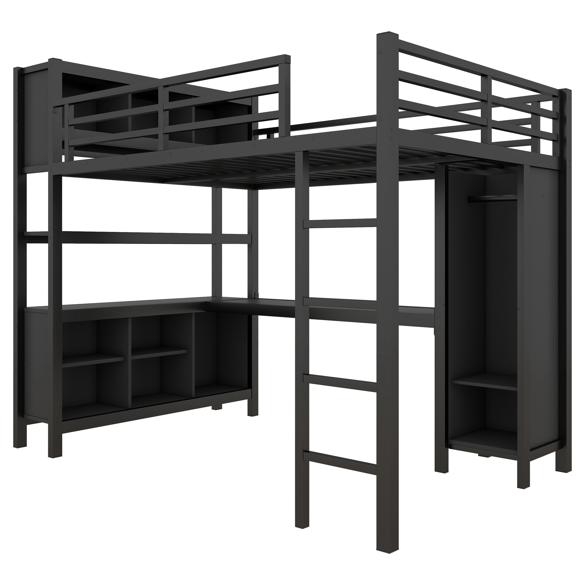 Full Size Loft Bed for Teens and Adults,Metal Loft Bed with Wardrobe And L-shaped Desk,Heavy Duty Loft Bed with Storage Cubes and Shelves for Kids Teens Adults,Black