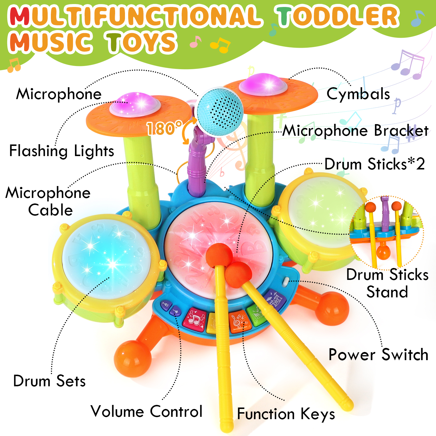 Kwanithink Kids Drum Set with Microphone, Green photo 4