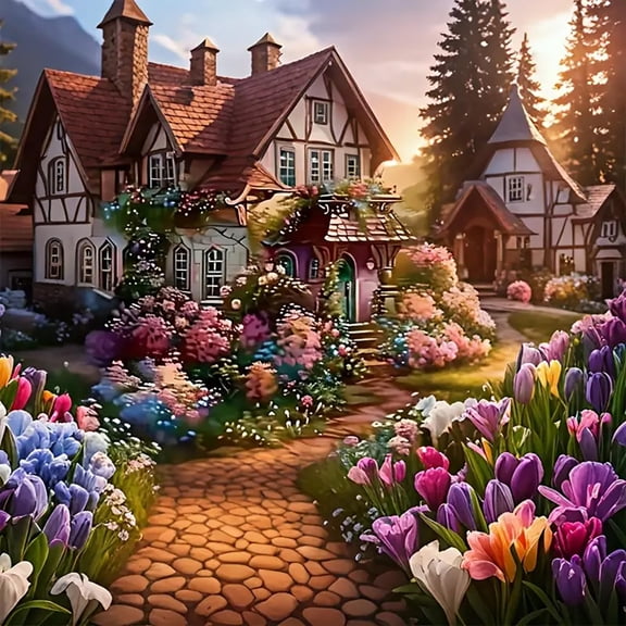 5D Diamond Painting Kit for Adults Beginners,House Flower Diamond Art Kits,DIY Round Full Drill Diamond Dot Gem Art Kits for Home Decor 12 X 12 Inch