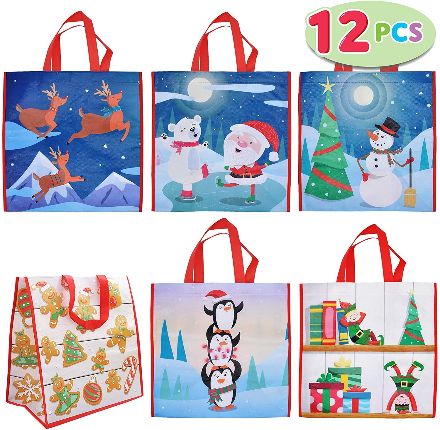 12 PCs Christmas Large Tote Bags 13.75” X 14” Holiday Reusable Grocery