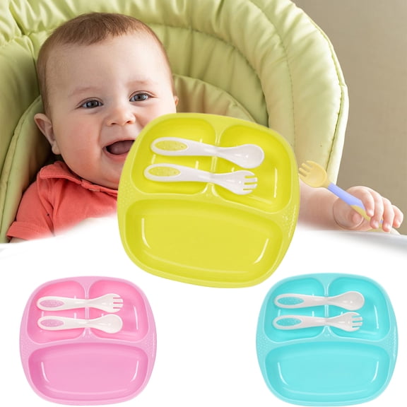 Manunclaims Separated Food Feeding Plate for Baby, Divided Plates, Baby Spoon Fork Plate Set for Toddler Baby Dishes Kids Plates and Utensils