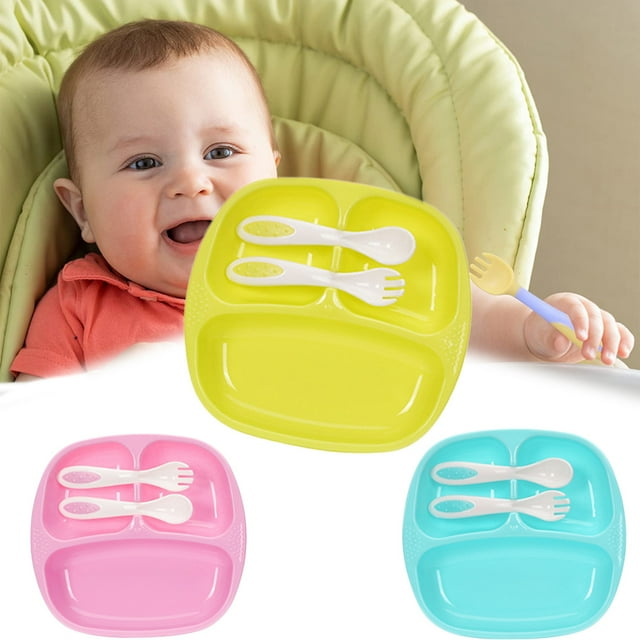 Manunclaims Separated Food Feeding Plate for Baby, Divided Plates, Baby Spoon Fork Plate Set for