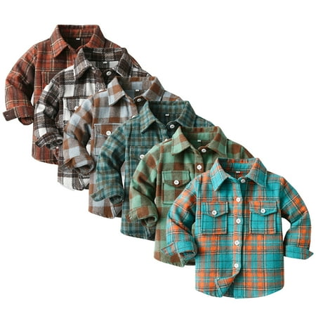 

CSCHome Kids Baby Boys Girls Plaid Shirts Jacket Long Sleeve Lapel Button Down Pocketed Shirts Coats Toddler Shacket Cardigan Top for 6M-12Y