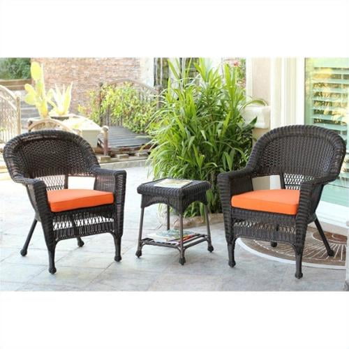 Jeco 3 Piece Wicker Conversation Set in Espresso with Orange Cushions