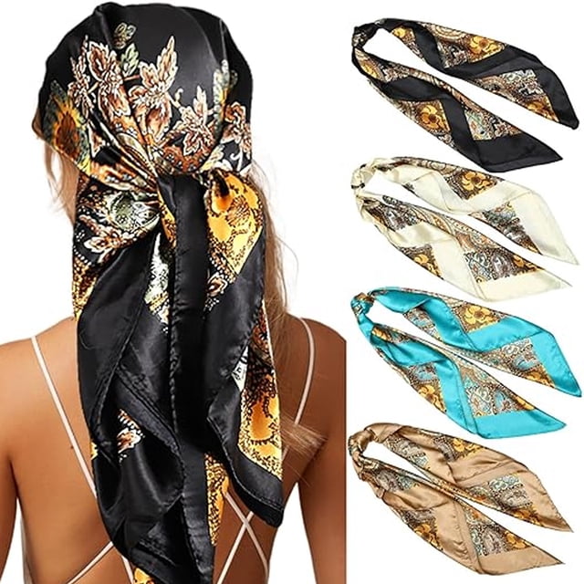 4 Uds. Pañuelo para la cabeza para mujer de 35 pulgadas, pañuelos para el pelo, pañuelos cuadrados de satén para la cabeza para mujer, pañuelos para el pelo tipo seda