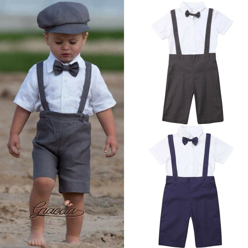 2PCS Newborn Baby Boys Outfits Clothes Short Sleeve Shirt Tops+Suspenders Shorts 
