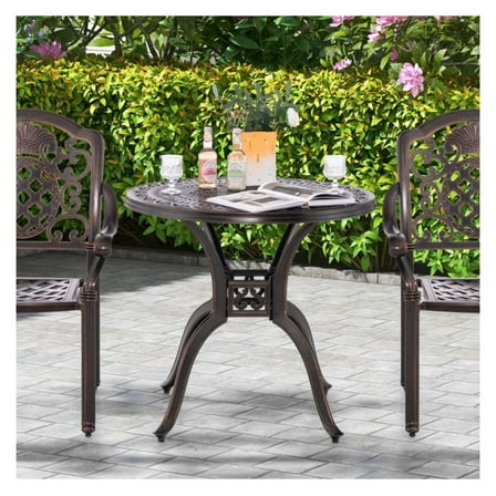 FASCK 31.5 Inch Round Cast Aluminum Patio Table with Umbrella Hole, All-Weather Outdoor Dining Table for Garden & Poolside, Rust-Proof Metal Table for 4 People