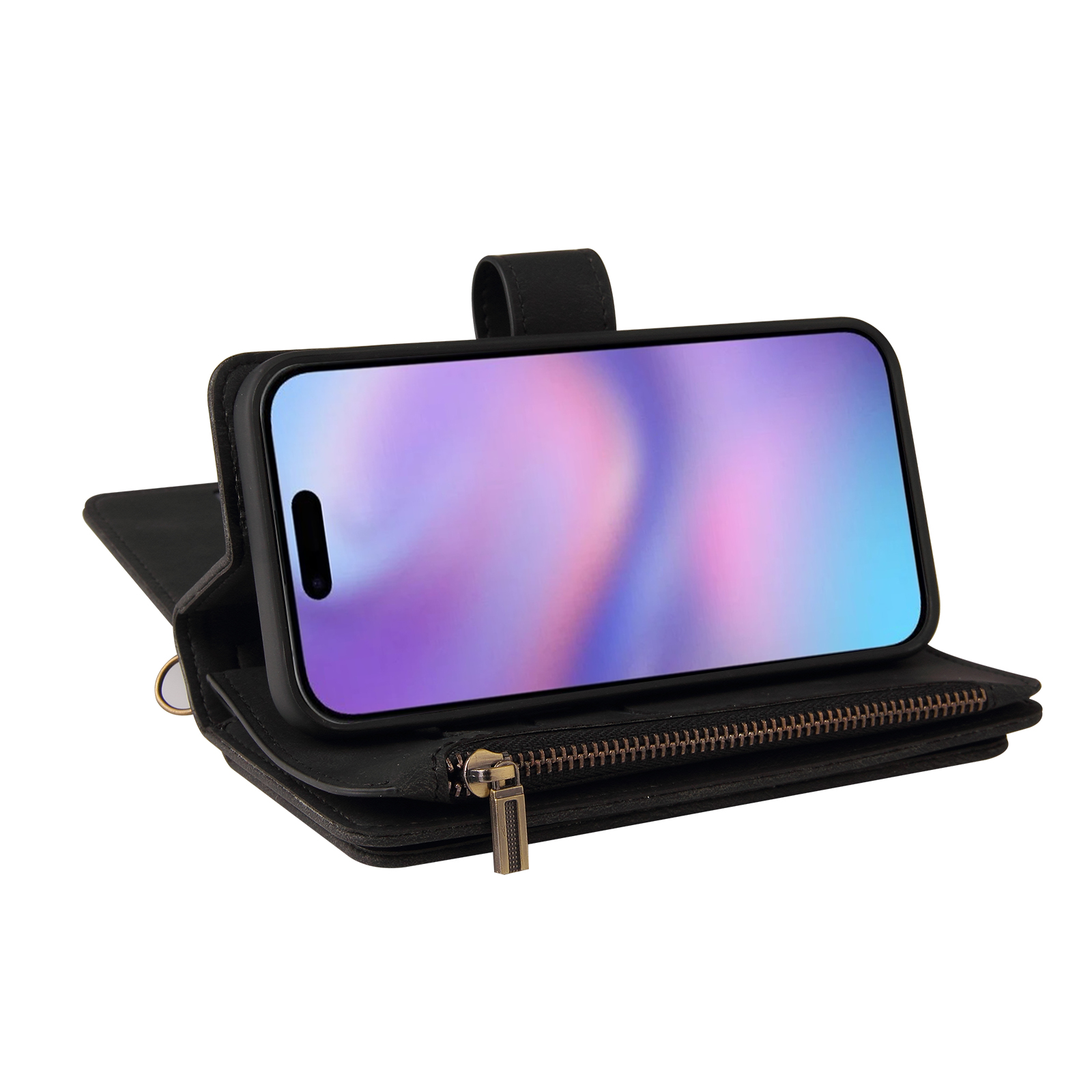 Phone Case for iPhone 17, Wallet Case Luxury Folio Flip Leather Cover [Zipper Pocket] [Wrist Strap] [Kickstand] for iPhone 17, Black