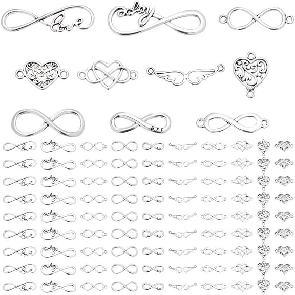 100pcs 10 Styles Heart Charms for Jewelry Making Infinity Love Links Heart Wing Connector Charms Antique Silver Jewelry Connectors for DIY Bracelet Necklace Craft Making Mother's Day