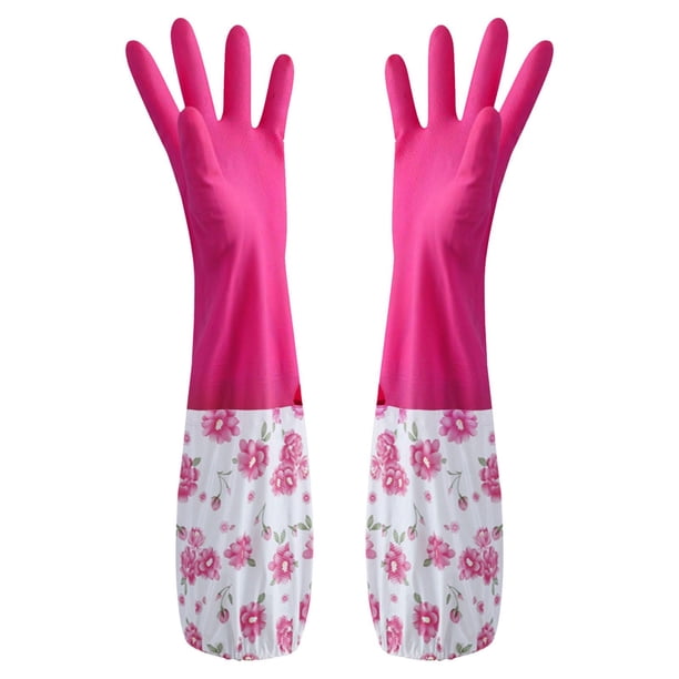 Pisexur Batería de cocina Guantes de limpieza de flores, de goma y terciopelo, largos, para uso doméstico, antideslizantes, para el lavado del hogar. para la cocina del hogar