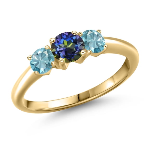 Gem Stone King 10K Yellow Gold Blue Mystic Topaz and Blue Zircon Engagement Ring for Women | 1.50 Cttw | Round 5MM | Gemstone November Birthstone | Size 7