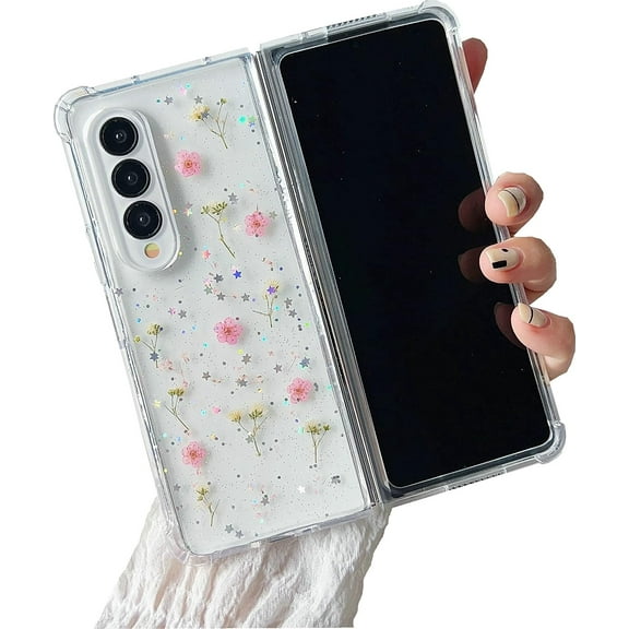 Galaxy Z Fold 4 Real Flower Case, Soft Clear Flexible Rubber Pressed Dry Real Flowers Case Girls Women Glitter Floral Cover for Samsung Galaxy Z Fold 4 -Pink