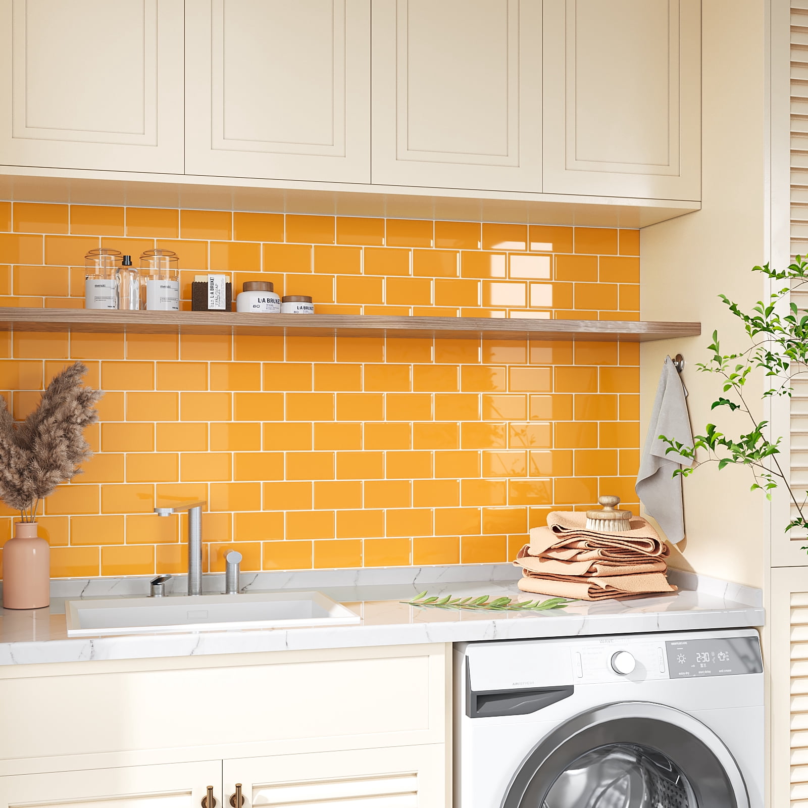 VEELIKE Yellow Subway Tile Peel and Stick Backsplash for Kitchen Waterproof 12"x12" 6 Sheets Yellow Wall Tiles for Bathroom Self Adhesive Vinyl Backsplash Tile Removable Stick on Tiles for Walls