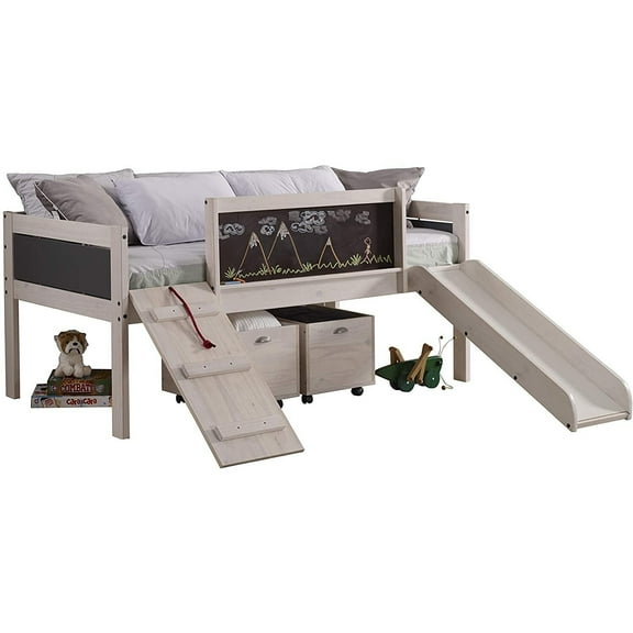 Donco Kids Art & Play Novelty Twin White Wash Junior Low Loft Bed with Toy Boxes, Twin, White