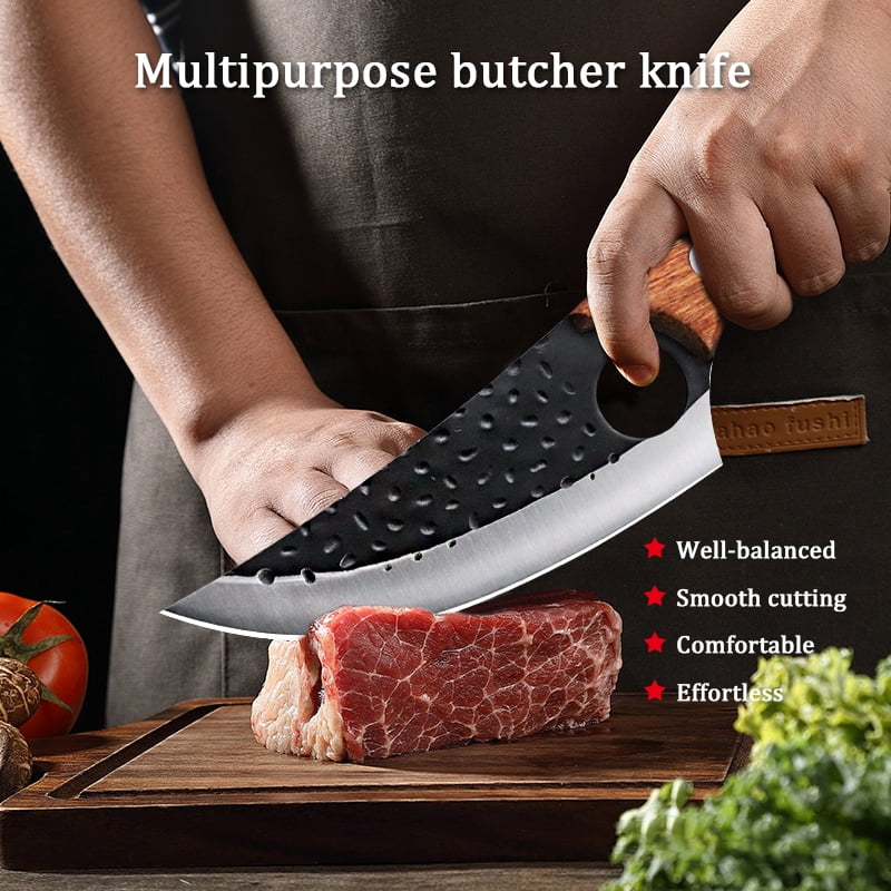 3 Pieces Hand Forged Kitchen Knife Set, High Carbon Steel Cleaver Knives with Solid Wood Handle, Multi-Purpose Chopping Cutting Tools for Home Kitchen Cooking