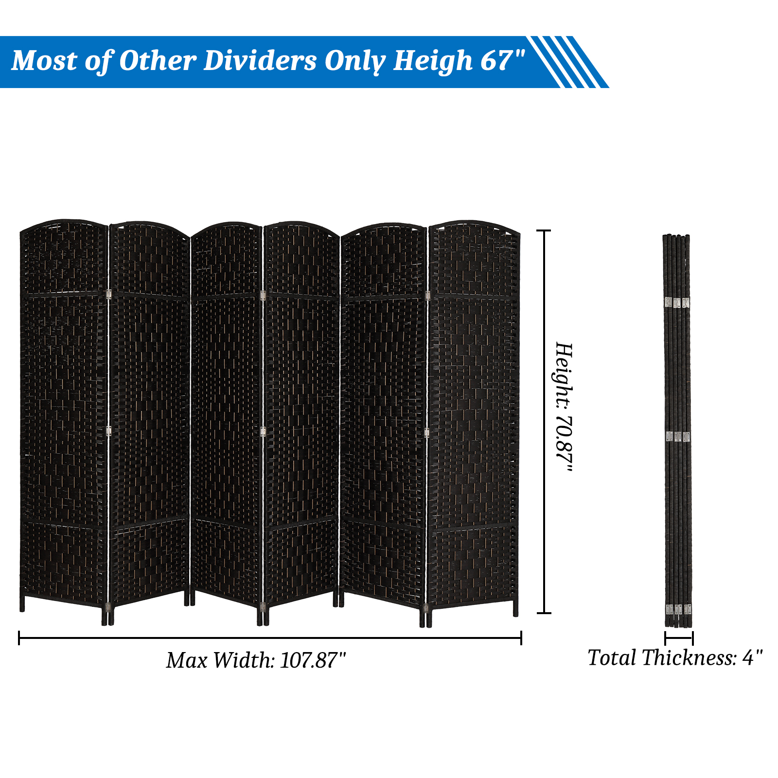 VINGLI 6-Panels Rattan Room Divider, 6 ft Folding Privacy Screen(Black)