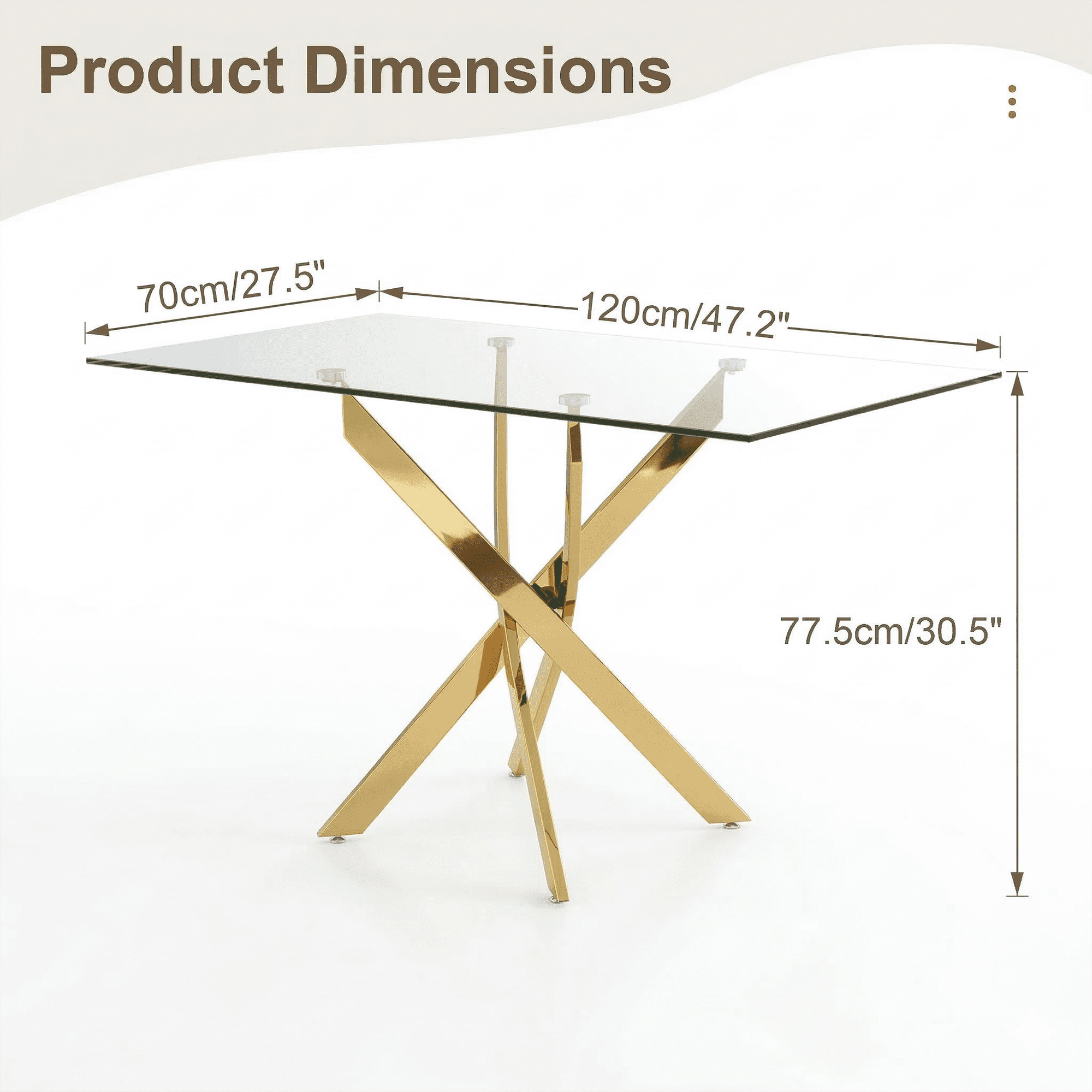 Garitin Dining Table and Rectangular Glass Top Kitchen Table 47.24 Inch, Modern Center Table with Gold Metal Legs for Dining Room, Gold
