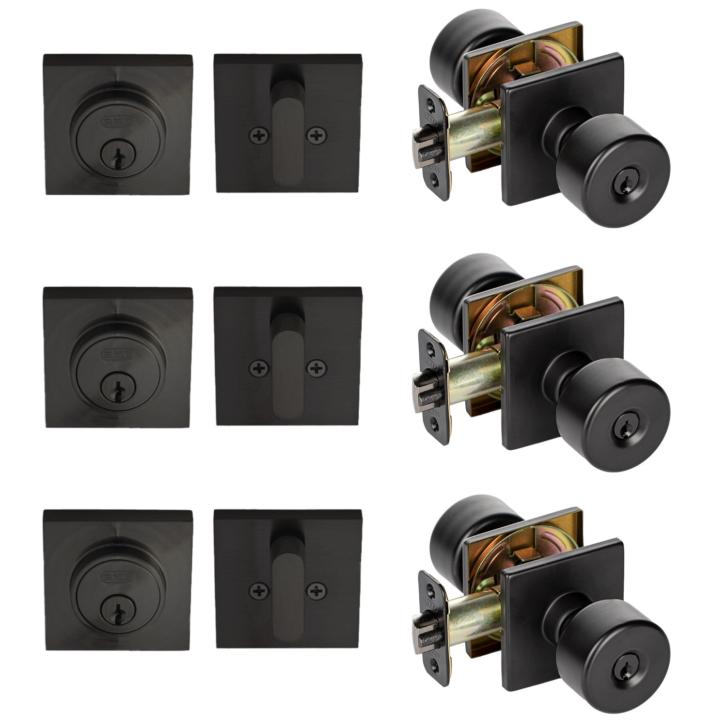 Matte Black Flat Keyed Entry Door Knob / Deadbolt Project 3Pack with