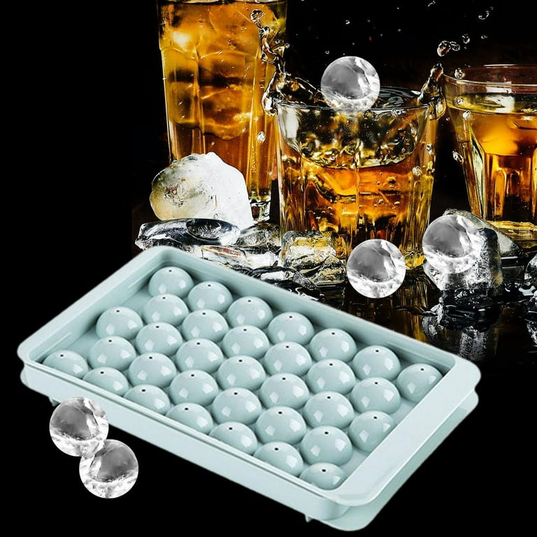  SCEssentials Round Ice Cube Tray with Lid Bin Ball Maker Mold  for Freezer Container Mini Circle Making 99 piece Sphere Chilling Cocktail  Whiskey Tea Coffee 3 Trays 1 Bucket Scoop total