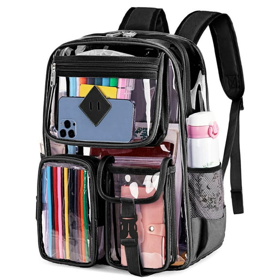 Sanmadrola Large Clear Backpack Heavy Duty Stadium Approved See Through Backpack Waterproof PVC Transparent Backpacks Clear Book Bag with Reinforced Strap for School Work Travel Festival, Black