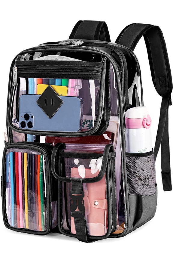 Large Clear Backpack Heavy Duty Stadium Approved See Through Backpack Waterproof PVC Transparent Backpacks Clear Book Bag with Reinforced Strap for School Work Travel Festival, Black