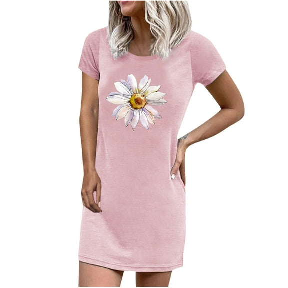 OAVQHLG3B Casual Daisy Crewneck Dress for Women Short Sleeve Mini Straight Dresses Beach Cute Dress Summer Women Vestidos Vestir