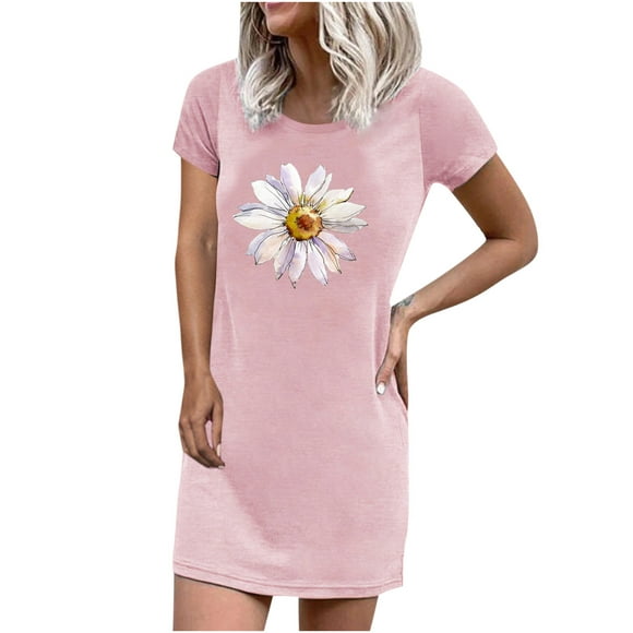 Women's Summer Round Neck Dress Printed Short Sleeve T-Shirt Dresses Casual Loose Fit Pullover Shift Mini Dress
