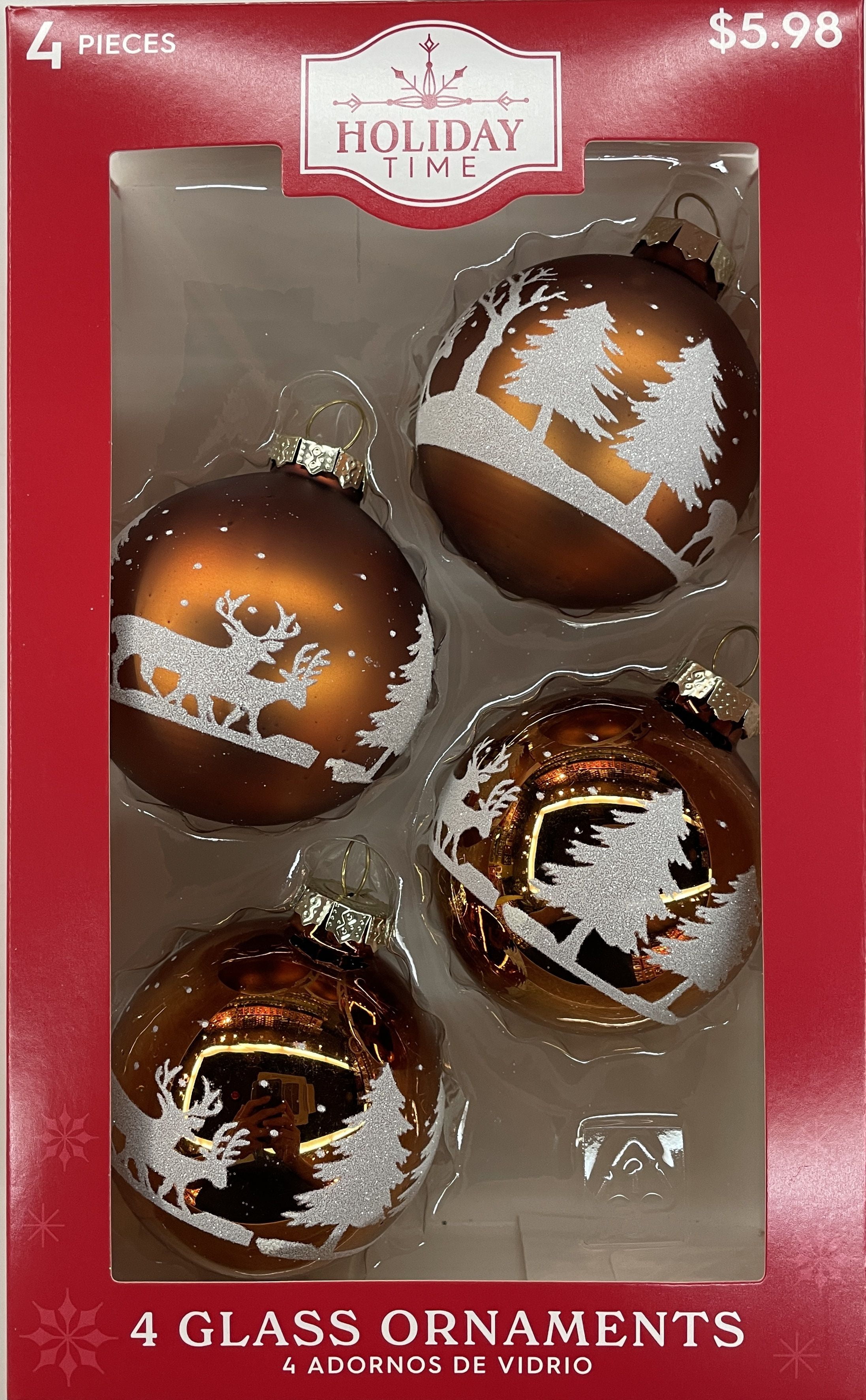 Holiday Time 4 Count Xmas Tree Glass Ball Christmas Ornaments, Boxed Glass, 65MM, Copper