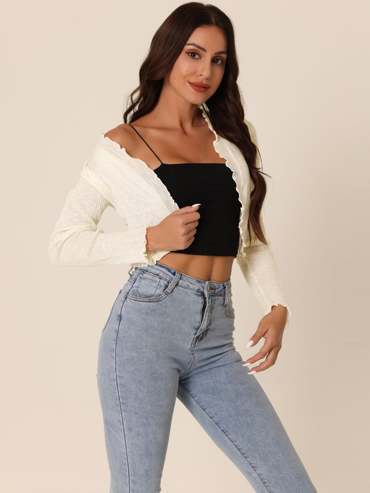 Unique Bargains Women Ribbed Knit Bolero Long Sleeve Ruffle Trim Open Front Shrug L White
