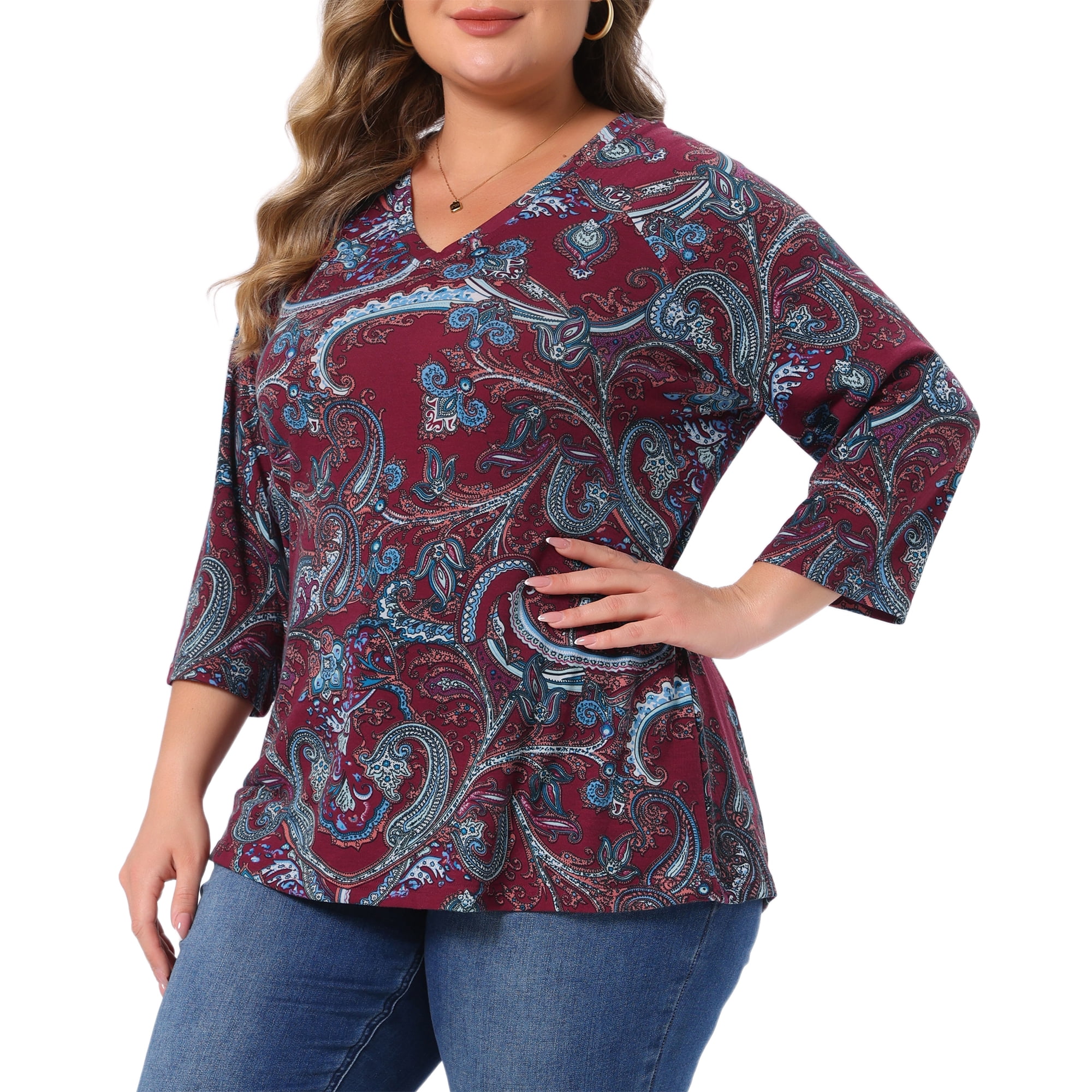 DARING DIVA Women's Plus Tops V Neck 3/4 Sleeve Knit Blouse Stripe Boho Tops 2X Burgundy