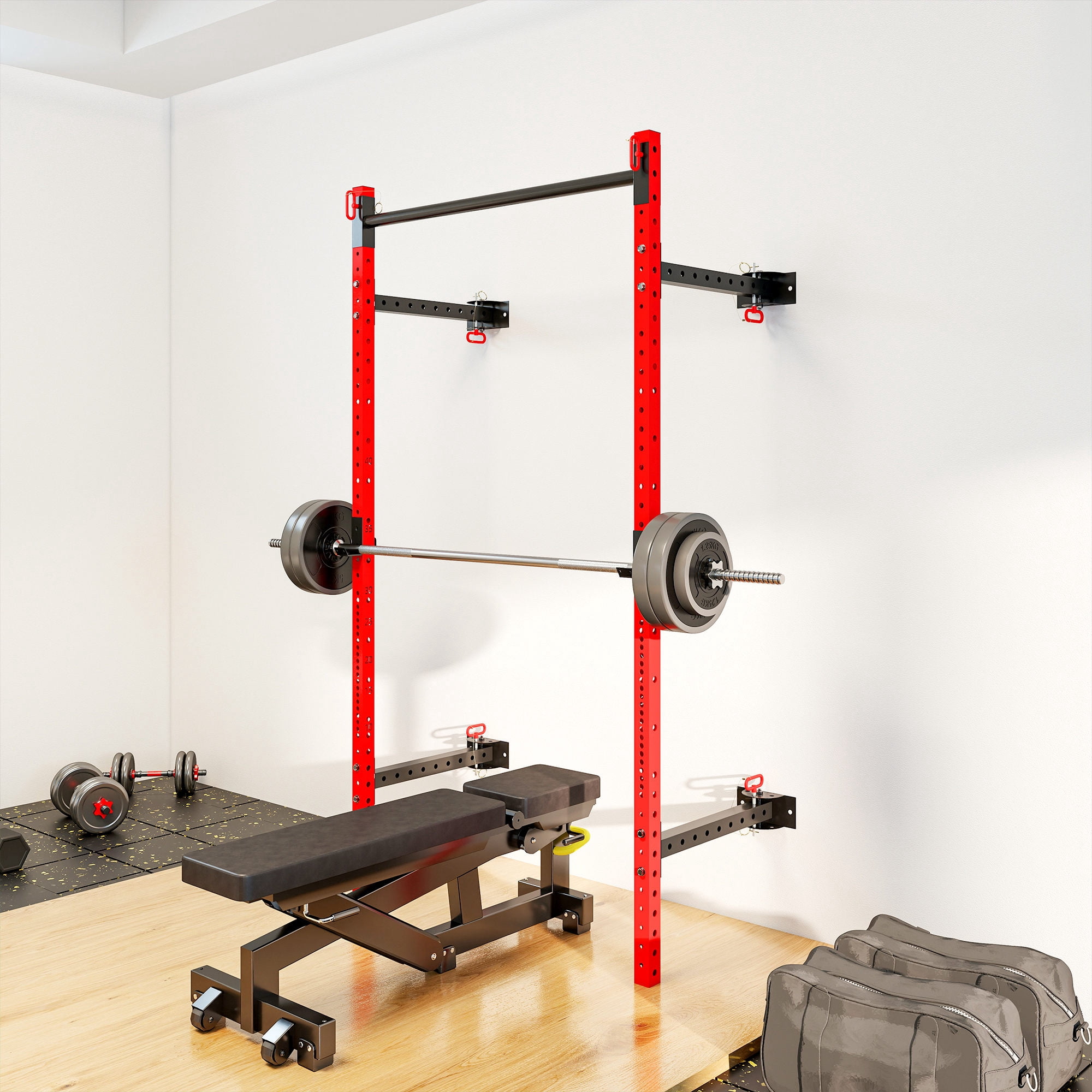 Soozier Folding Squat Rack with Pull Up Bar, Wall Mounted, 1000 Pounds Capacity Power Rack, Red