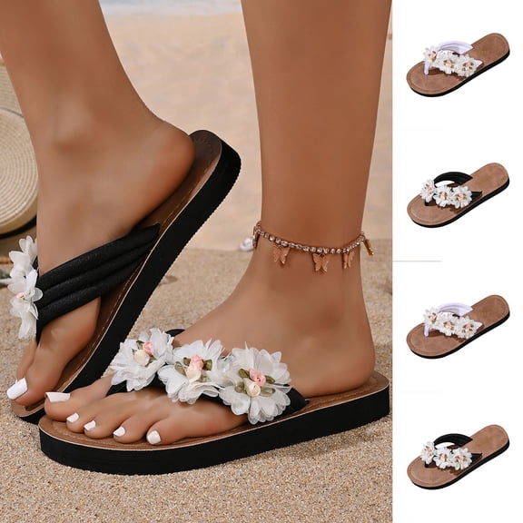 YHAJDS Flip Flops for Women Floral Embellishment Lightweight Toe Post Beach Slides Summer Vacation Outdoor