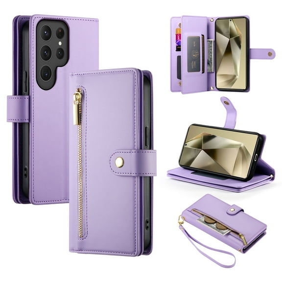 Crossbody for Samsung Galaxy S23 Ultra Phone Case Wallet with Card Slots Zipper Pocket, PU Leather Magnetic Lanyard Wrist Strap Purse Cover with Flip Stand for Galaxy S23 Ultra Women Girls, Purple