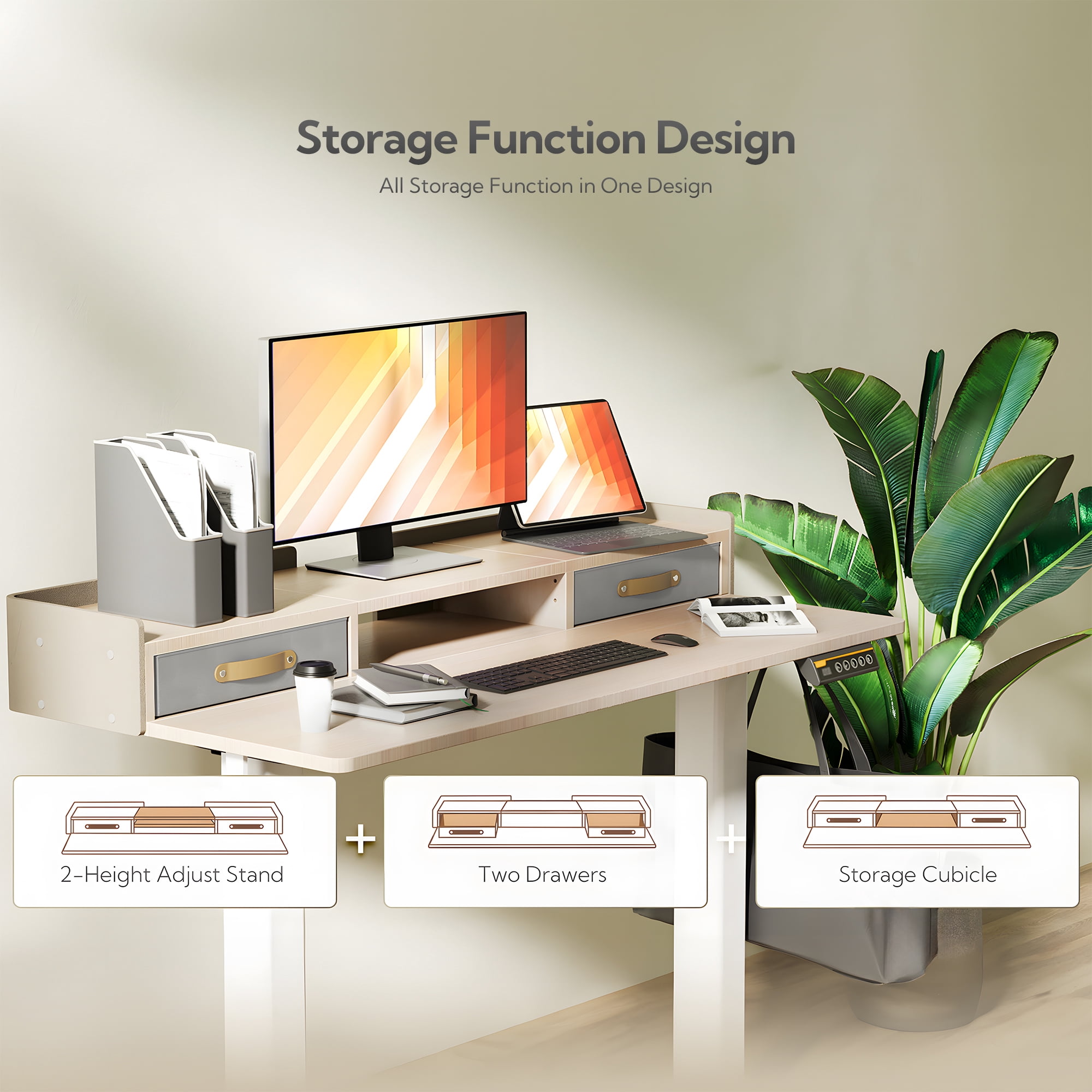 INNOVAR Large Standing Desk with 2 Drawers, 63 inch Adjustable Height Stand up Electric Rising Work Desk with Storage Shelf and 4 Wheels, Natural Wood Sit to Stand Computer Desk