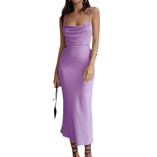 Vestido Con Tirantes Cruzados Vestidos largos de cóctel para mujer Ropa de club sin mangas de corte bajo (Púrpura S) Cgtredaw Para estrenar