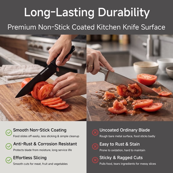 KINGSTONE 16-Piece Kitchen Knife Set with Block & Cutting Board, Black Non-Stick Stainless Steel Knives, Includes 6 Steak Knives & Kitchen Scissors