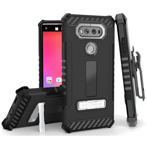 BLACK TRI-SHIELD RUGGED CASE COVER with MAGNETIC KICKSTAND BELT CLIP HOLSTER LANYARD STRAP FOR LG V20 PHONE (VS995, LS997, H918, US996, 6505A, H990, F800)