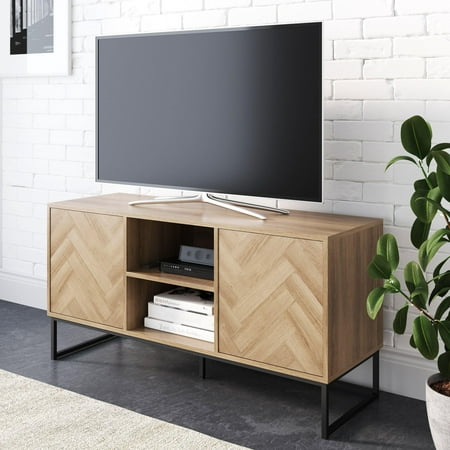 Nathan James Dylan Media Console Cabinet TV Stand with Hidden Storage Herringbone Pattern Wood Metal, Oak/Black