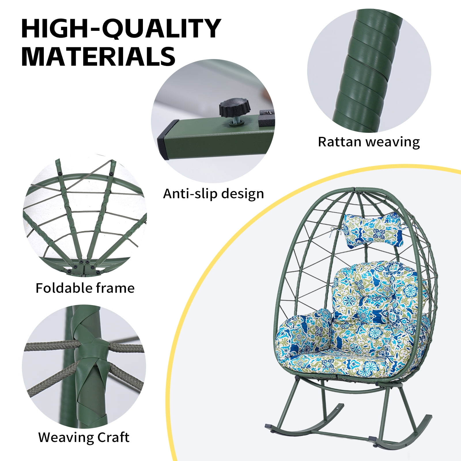 Foldable Wicker Egg Rocking Chair, 330LBS Capacity Cocoon Lounge Chair with Thick Cushion & Pillow, Weather Resistant Rattan Single Rocker for Patio Balcony Bedroom Living Room