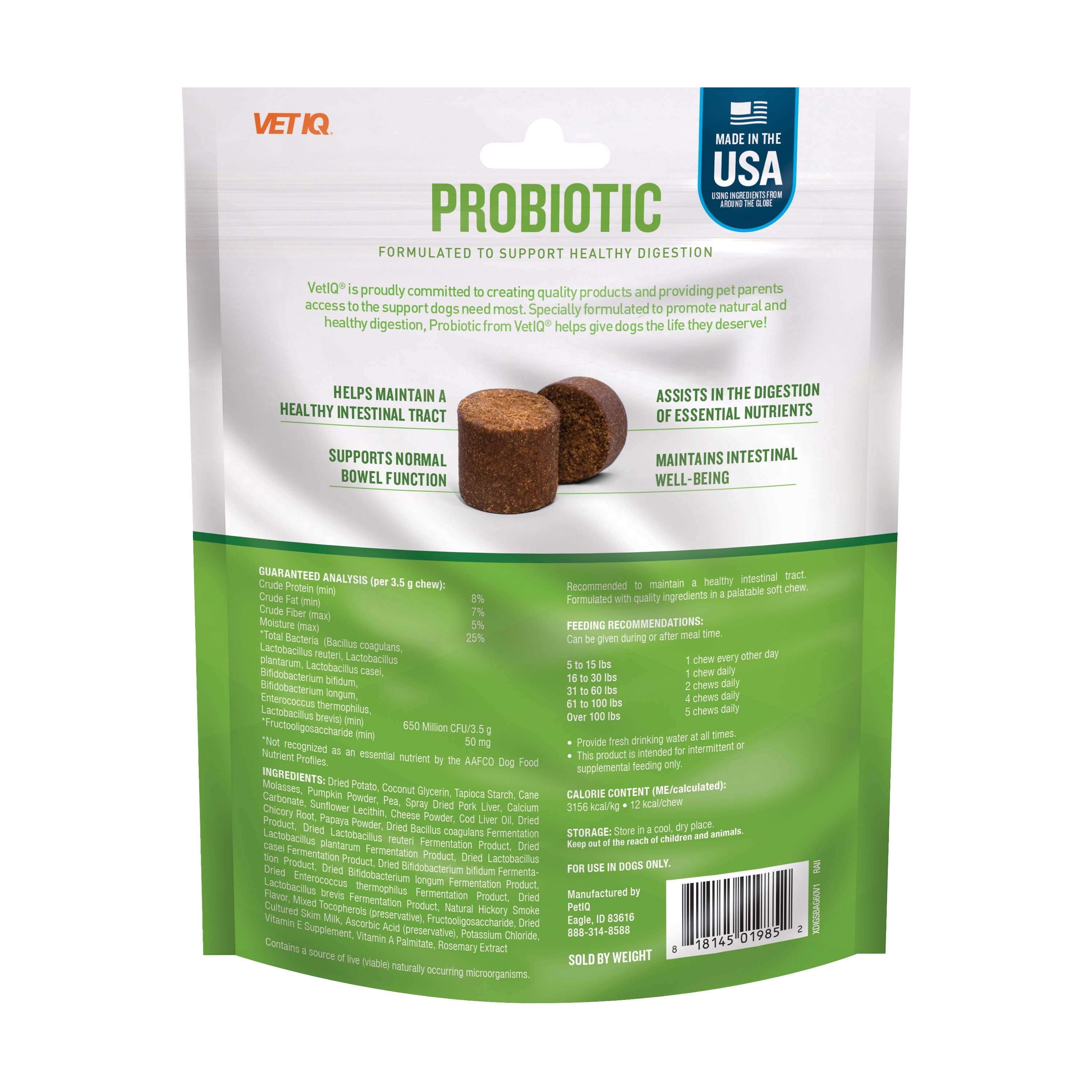 VetIQ Probiotic Supplement for Dogs, Hickory Smoke Flavored Soft Chew 60 Count