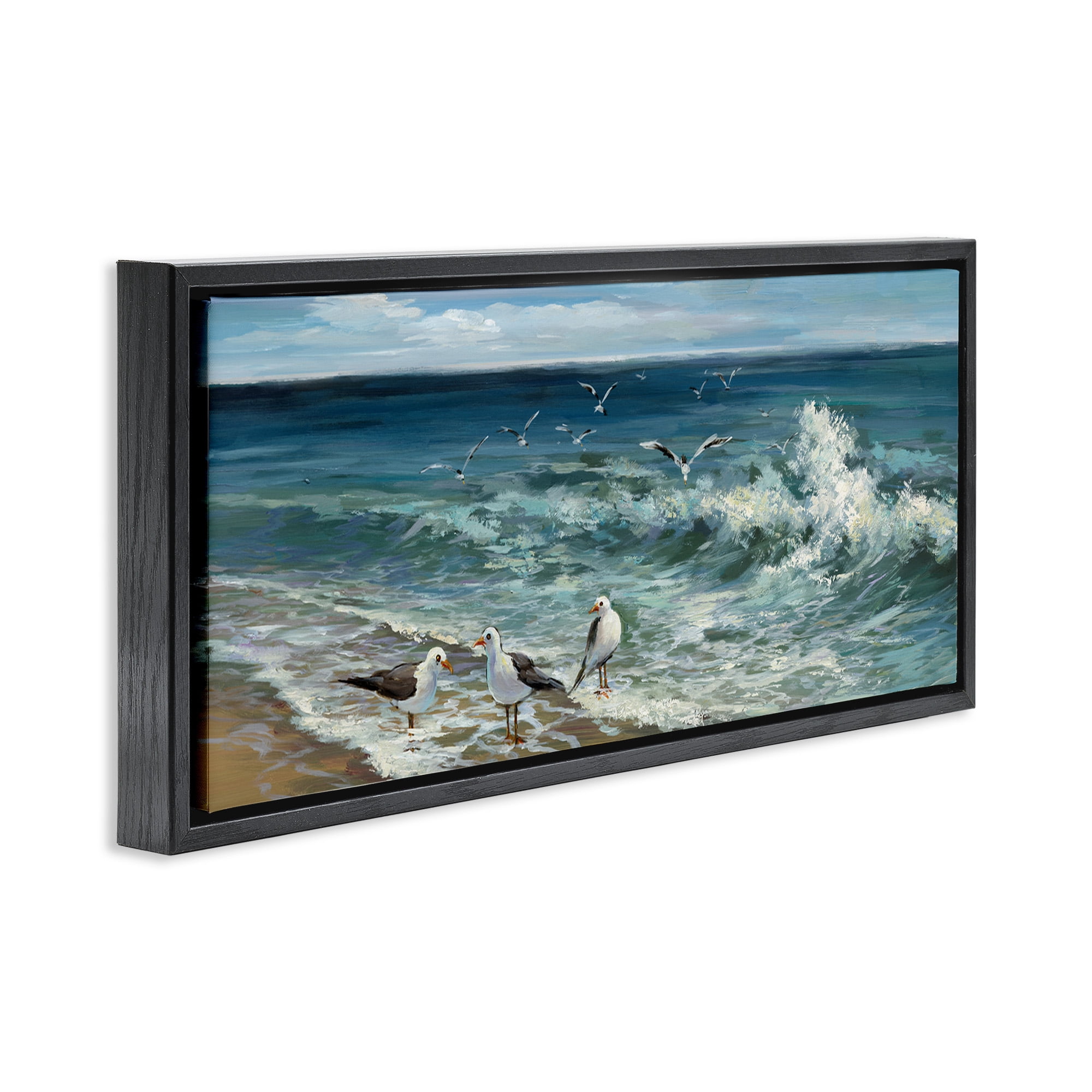 Stupell Industries Incoming Beach Tide Seagulls Nature Painting Black Floater Framed Canvas Art Print Wall Art, 25 x 11