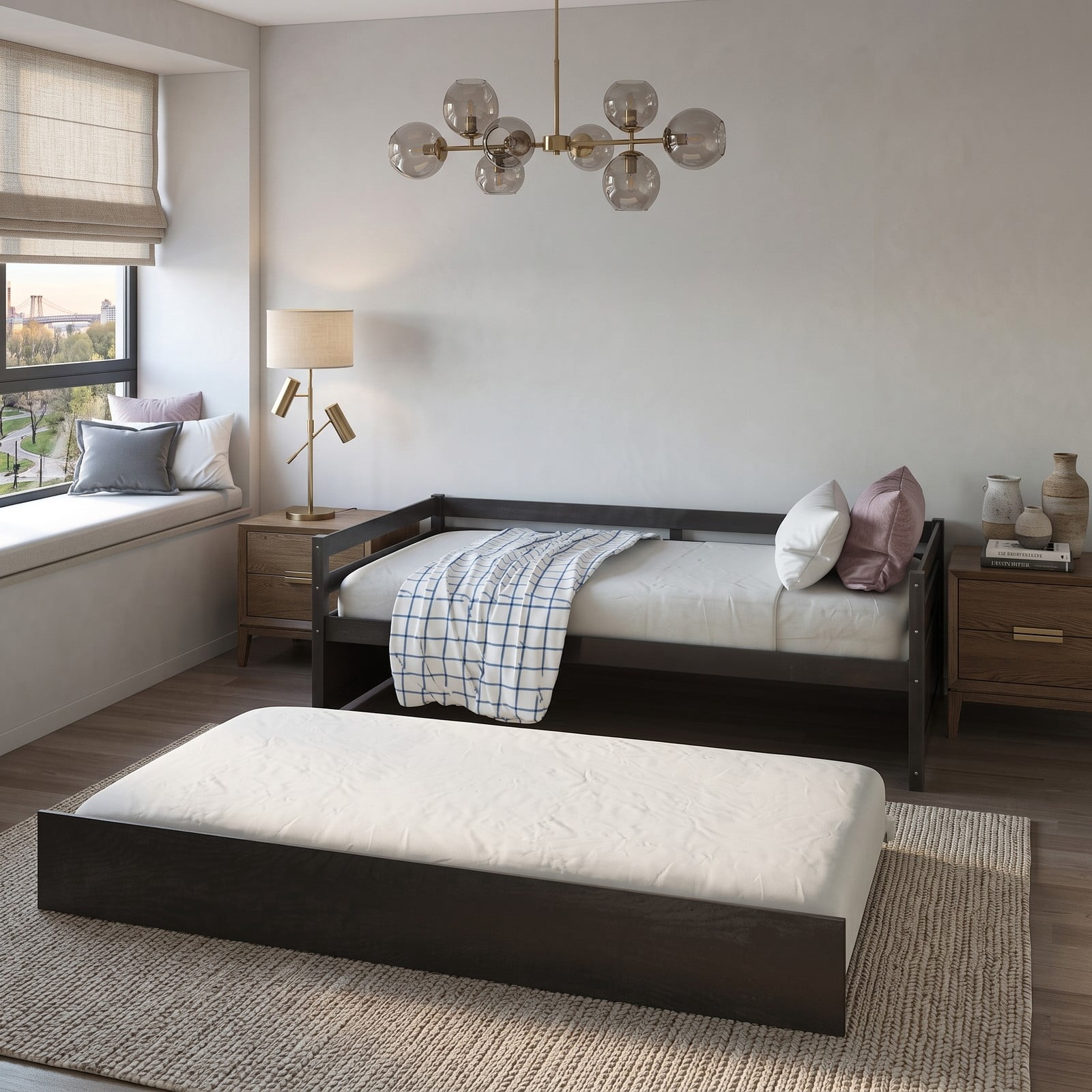 Furnibear Twin Daybed Frame with Pull Out Trundle and Wooden Slat Support and Side Rails for Bedroom and Guest Room, Dark Brown