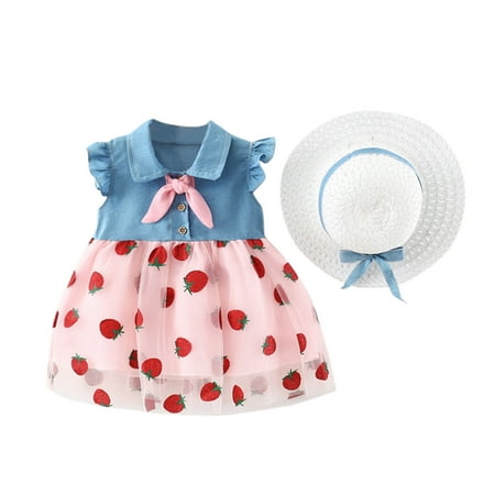 

Summer Dresses For Girls Baby 6M-3Y Fly Sleeve Denim Patchwork Strawberry Tulle Princess Hat Set Formal Dress