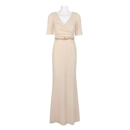 Adrianna Papell V-Neck 3-4 Sleeve Ruched Embellished Waist Zipper Back Metallic Knit Dress-CHAMPAGNE / 0