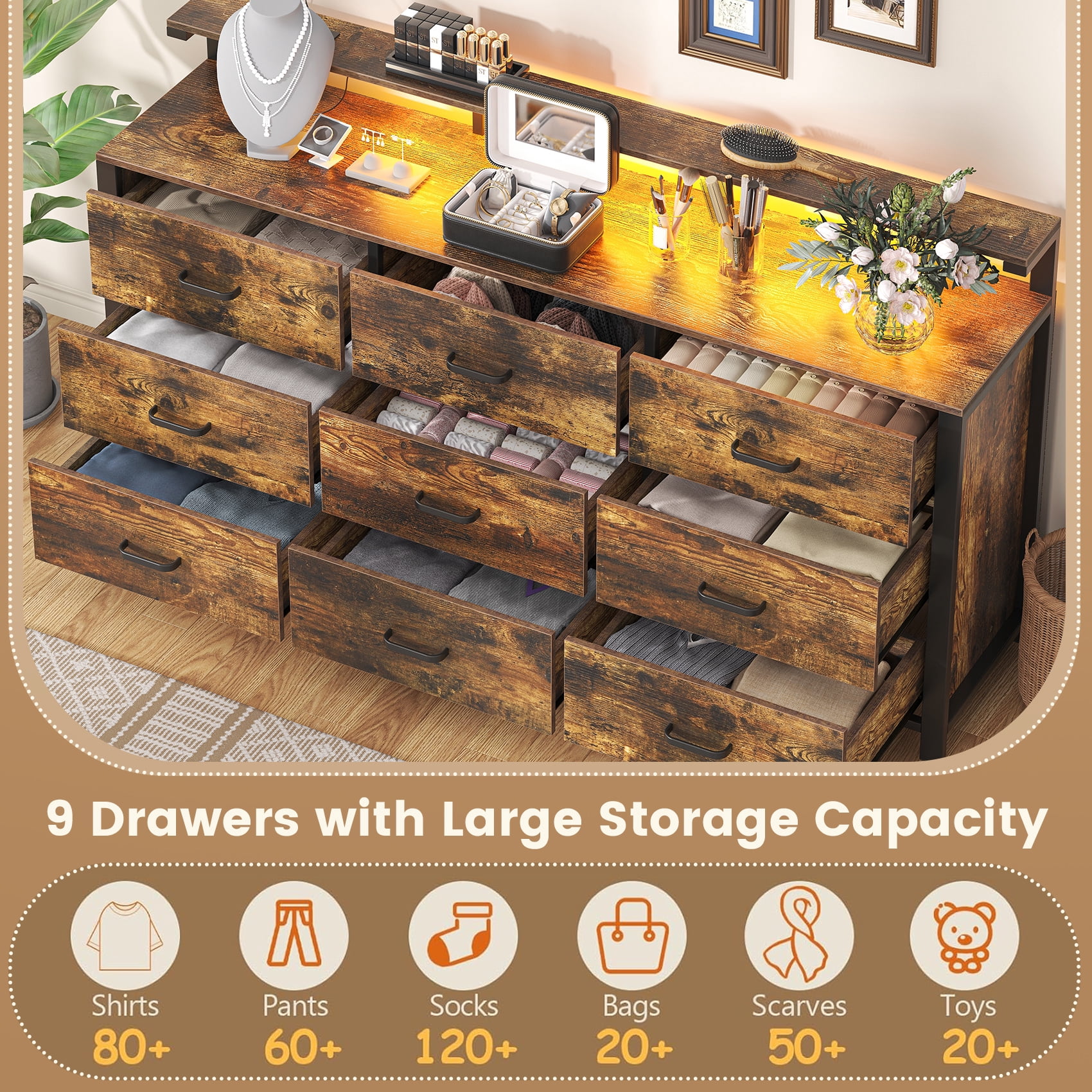 Winkalon 9 Drawer Dresser with LED Light & Charging Station, 63" Long Modern Dresser with 9 Drawers for Bedroom, Wooden Dresser Large Closet of Drawers