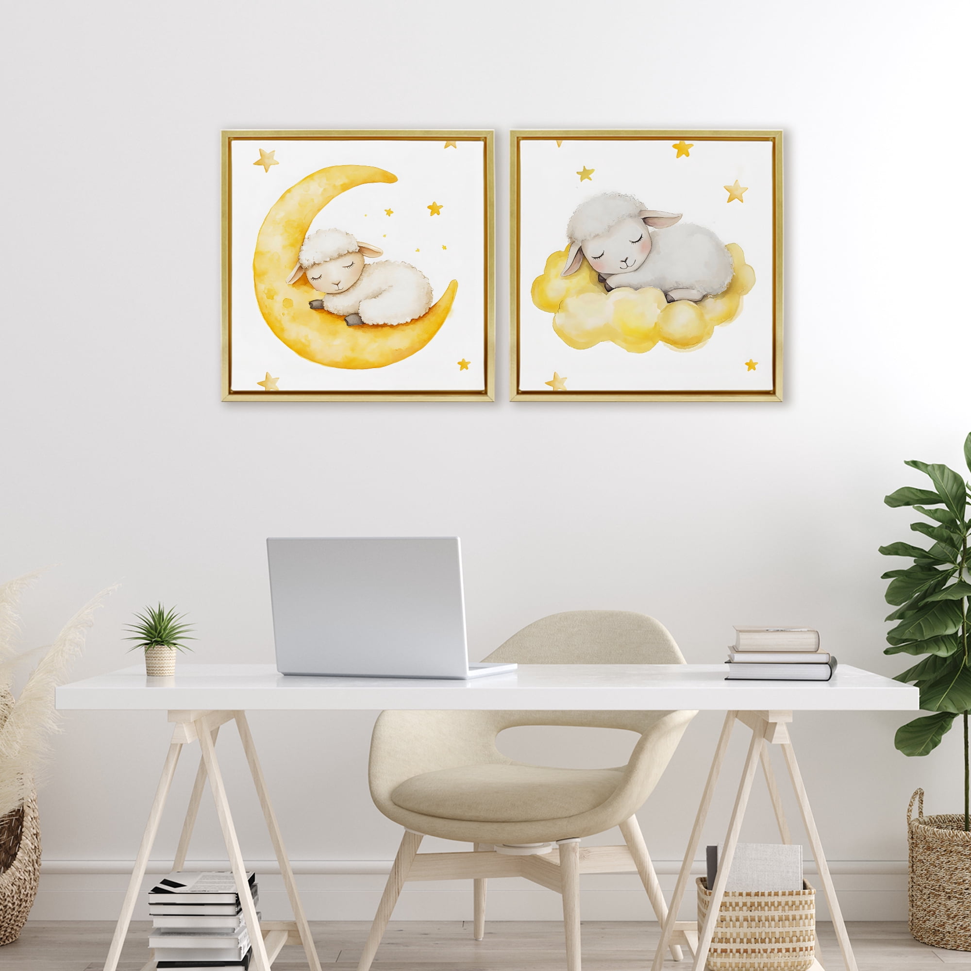 Stupell Industries Sleeping Sheep Cloud and Moon 2 Piece Gold Framed Floater Canvas Set, design by LSR Design Studio