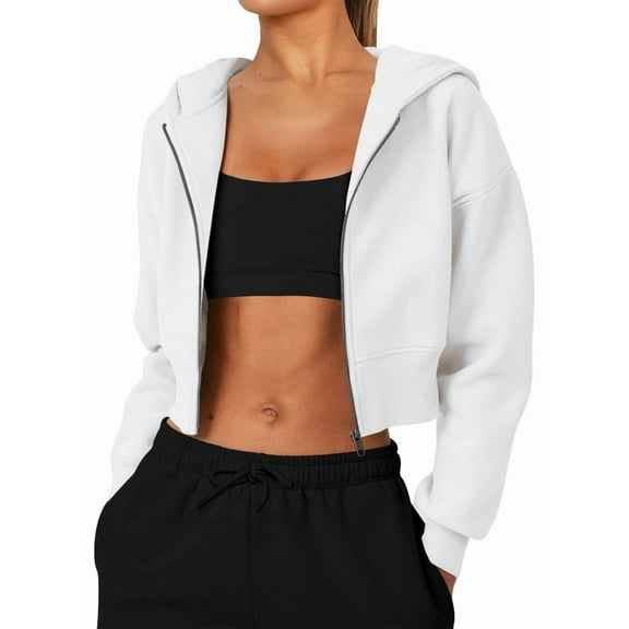 Women'S Fleece Zip Up Hoodies Cropped Sweatshirts Casual Jackets Trendy Y2K Cream White M