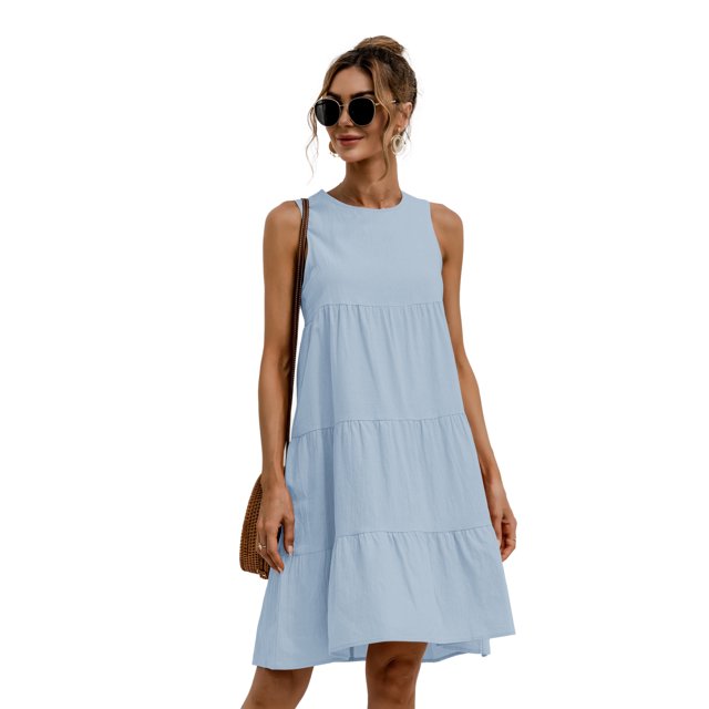 Nouvelle Robe Ligne A Unie pour Femmes Design Patchwork Col Rond Streetwear Sans Manches Taille Mi-Haute Décontractée Robe Mini Ample