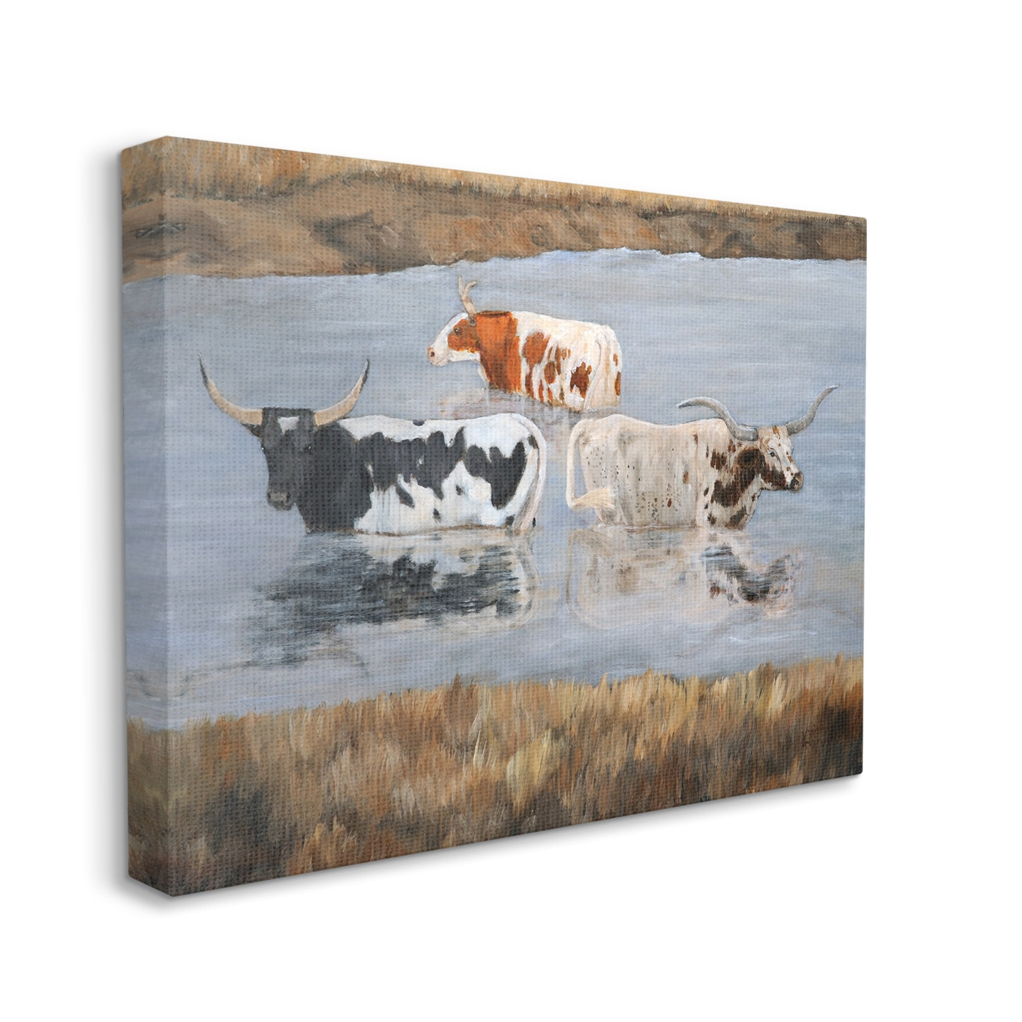 Stupell Cattle Bathing Country Riverbank Animals & Insects Painting Gallery Wrapped Canvas Print Wall Art