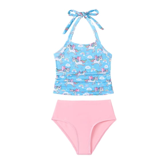 Kucnuzki 4T Toddler Girl Swimsuit Set 5T Child Gilrs Bathing Suit Halter Unicorn Top Bottoms 2pcs Bikini Set Summer Beach Breathable Tankini Set Blue